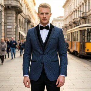 New 2026 Mens 3pc Micro Dot Blue Suit Set, Slim Fit